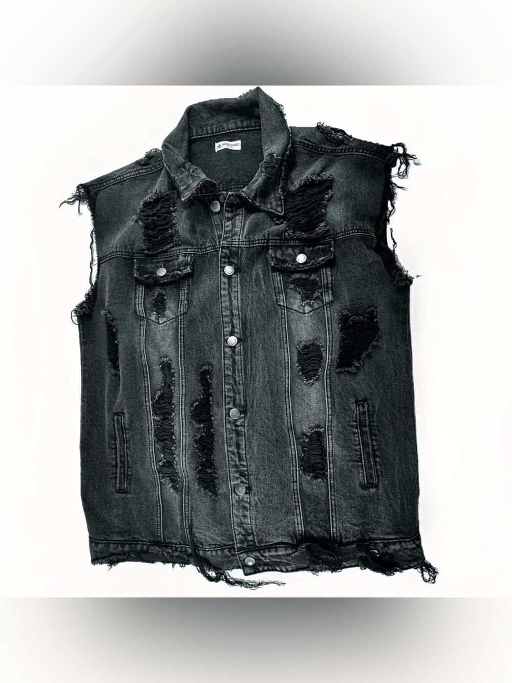 American Bazi Womens 2X Black Denim Vest Distressed Shredded Grunge Punk Y2K